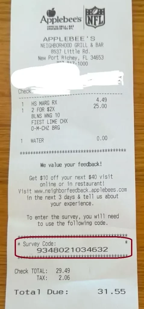 neighborhood feedback applebee's survey receipt